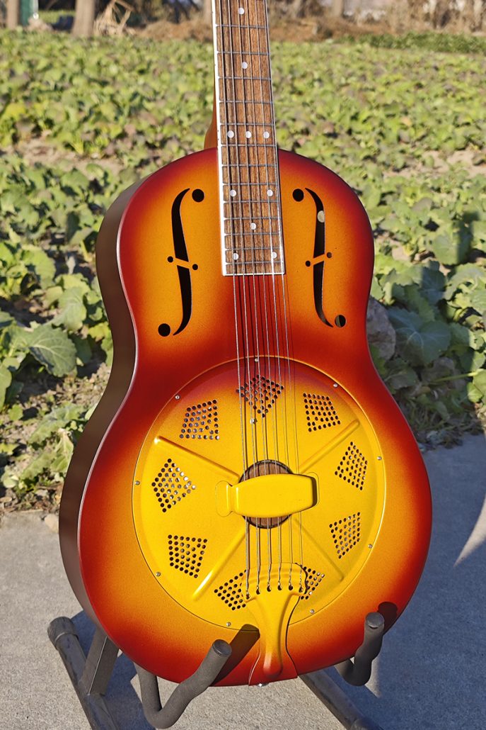 Sunburst Colour Brass Body Duolian F Sound Holes Single Cone Resonator Guitar